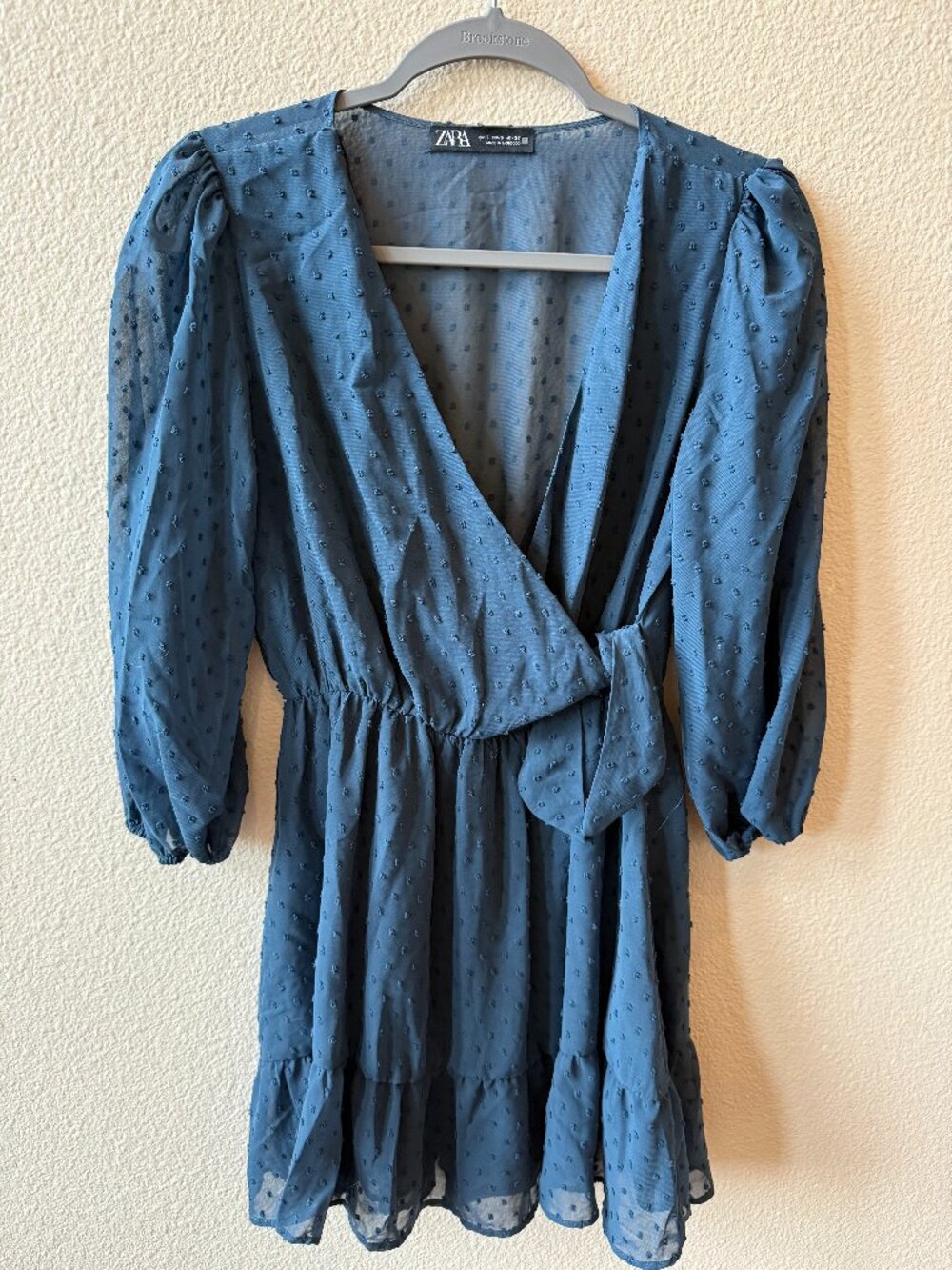 Zara Navy Dobby Dot Wrap Mini Dress Sz S Sheer Puff Sleeve